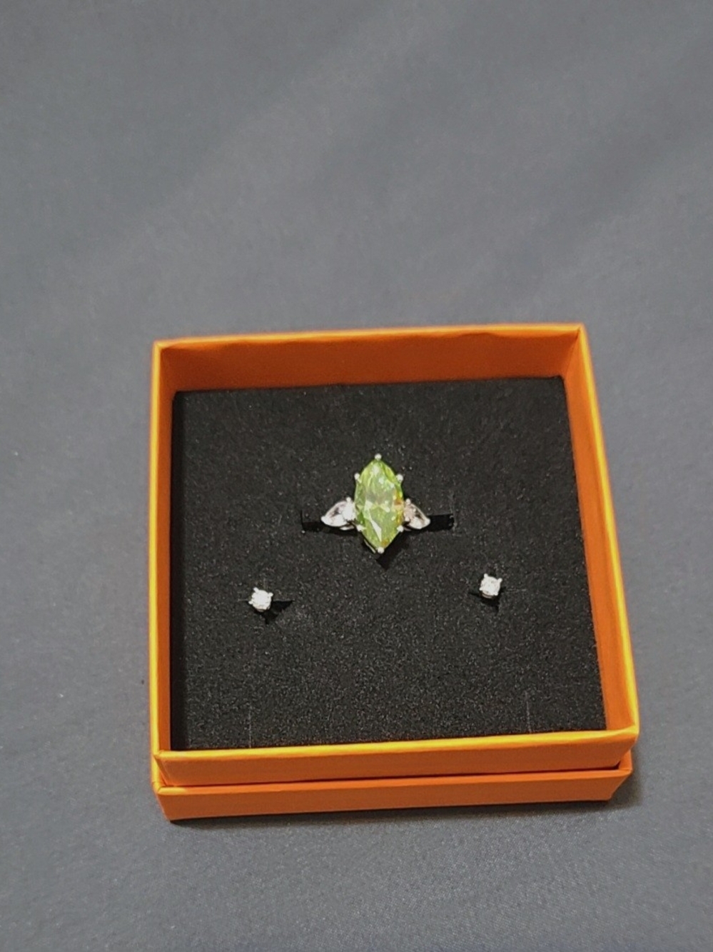 5ct Green Marquise Crystal Ring and Stud Earrings Set - Women Jewelry